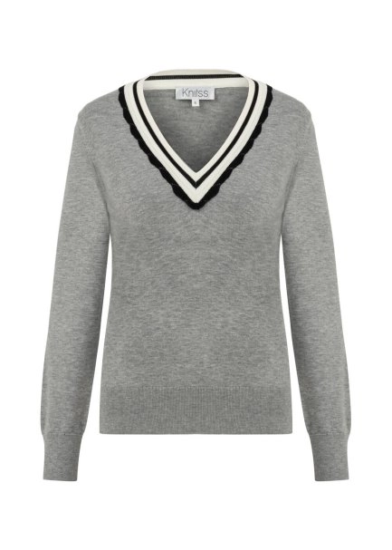 GREY CONTRAST STRIPED V NECK SWEATER - 6