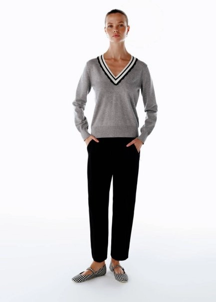 GREY CONTRAST STRIPED V NECK SWEATER - 2