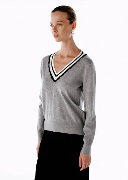GREY CONTRAST STRIPED V NECK SWEATER - 3
