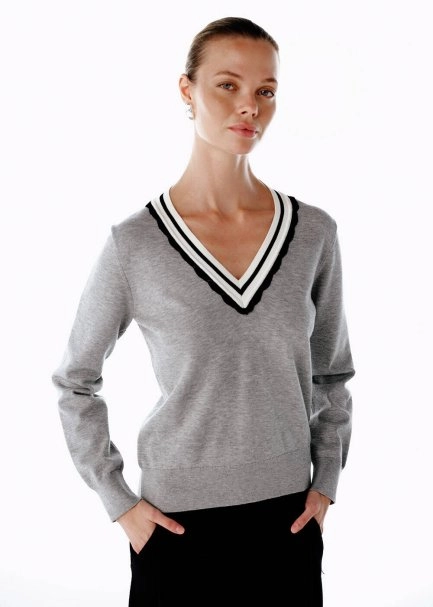 GREY CONTRAST STRIPED V NECK SWEATER - 4