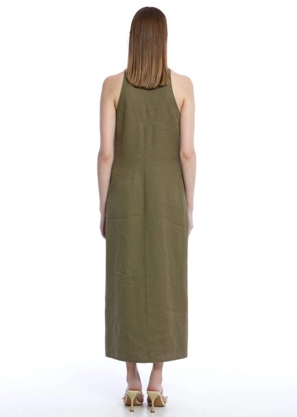 Haki Yırtmaç Detaylı Keten Elbise - 5