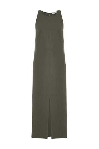 Haki Yırtmaç Detaylı Keten Elbise - 6