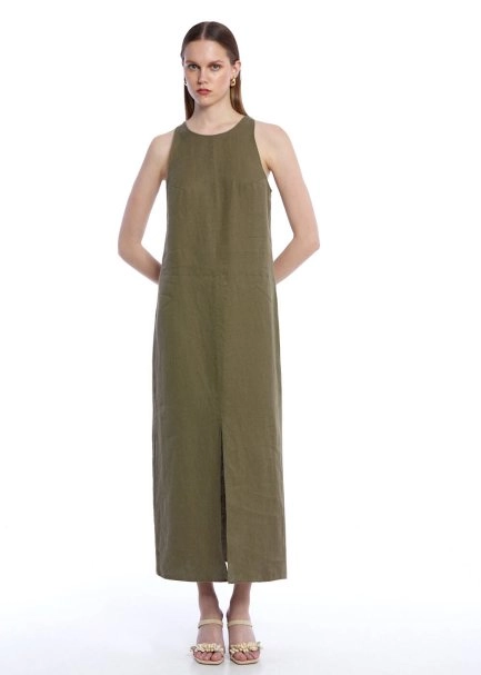 Haki Yırtmaç Detaylı Keten Elbise - 2