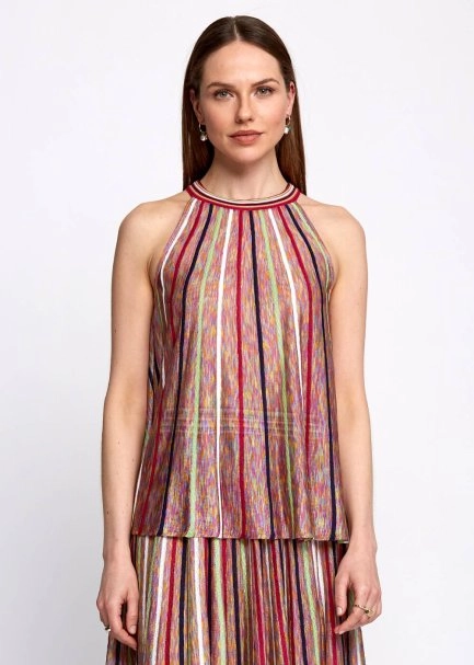 Halter Yaka Çizgi Desenli Çok Renkli Triko Bluz - 1