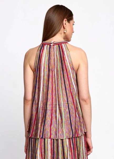 Halter Yaka Çizgi Desenli Çok Renkli Triko Bluz - 3