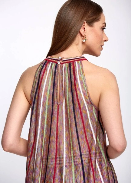 Halter Yaka Çizgi Desenli Çok Renkli Triko Bluz - 7