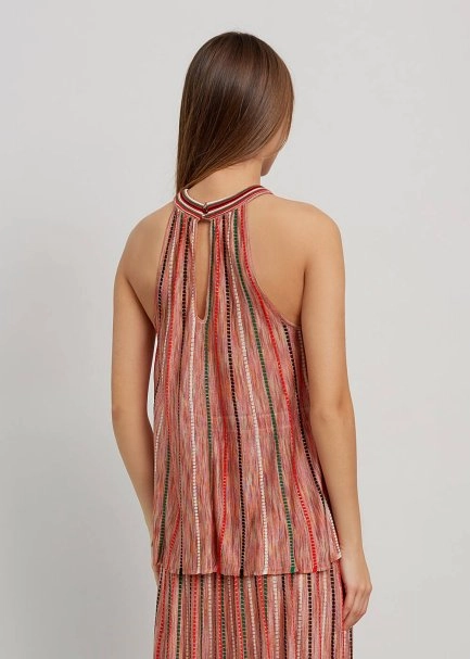 Halter Yaka Çizgi Desenli Mercan Rengi Triko Bluz - 3