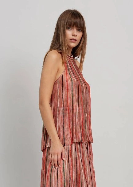 Halter Yaka Çizgi Desenli Mercan Rengi Triko Bluz - 4