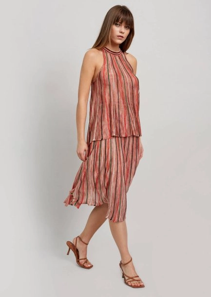 Halter Yaka Çizgi Desenli Mercan Rengi Triko Bluz - 5