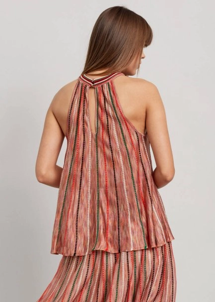 Halter Yaka Çizgi Desenli Mercan Rengi Triko Bluz - 6