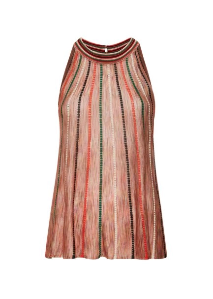 Halter Yaka Çizgi Desenli Mercan Rengi Triko Bluz - 8