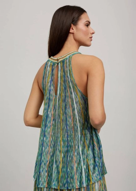 Halter Yaka Çizgi Desenli Yeşil Triko Bluz - 3