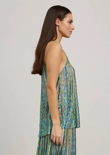 Halter Yaka Çizgi Desenli Yeşil Triko Bluz - 4