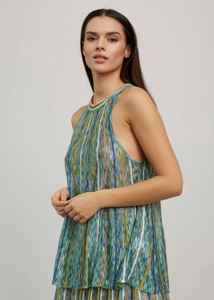 Halter Yaka Çizgi Desenli Yeşil Triko Bluz - 6