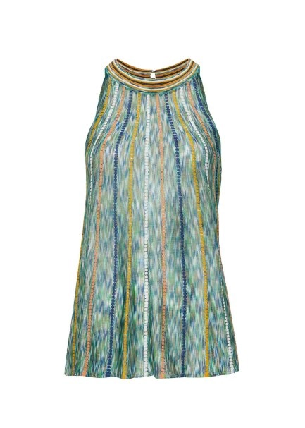 Halter Yaka Çizgi Desenli Yeşil Triko Bluz - 8