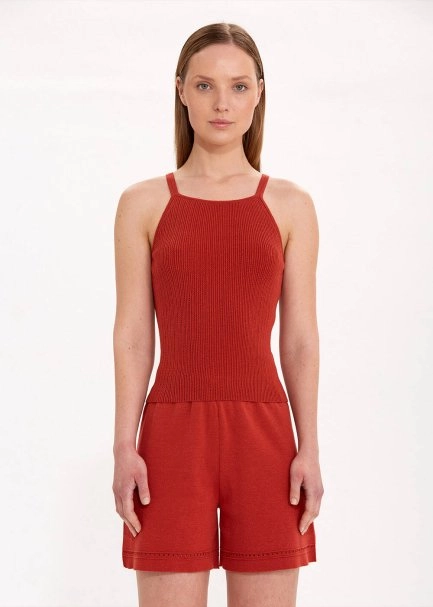 Halter Yaka Tarçın Rengi Triko Üst - 1