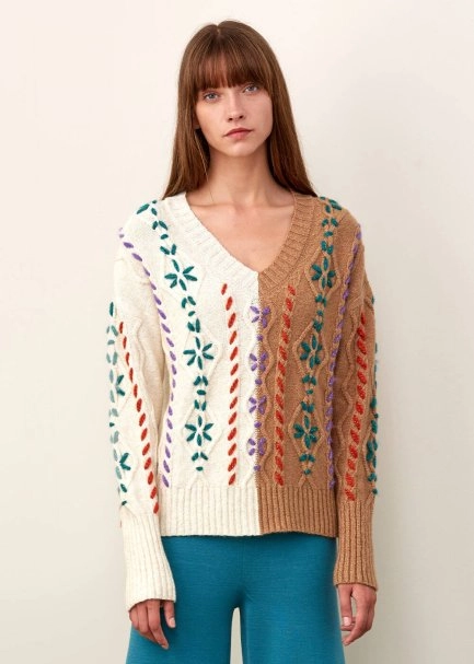 Hand Embroıdered Beıge Wool Knıt Sweater - 1