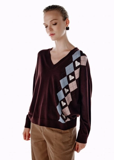 HEARTED ARGYLE PATTERNED SWEATER COFFEE - 4