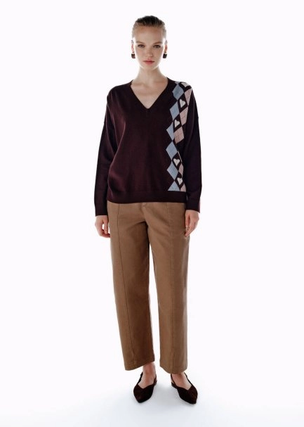 HEARTED ARGYLE PATTERNED SWEATER COFFEE - 3