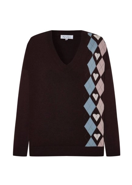 HEARTED ARGYLE PATTERNED SWEATER COFFEE - 6