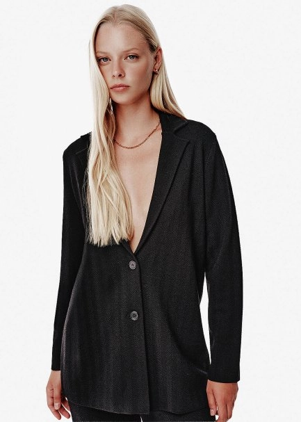 Herringbone Knit Double Button Black Blazer - 3