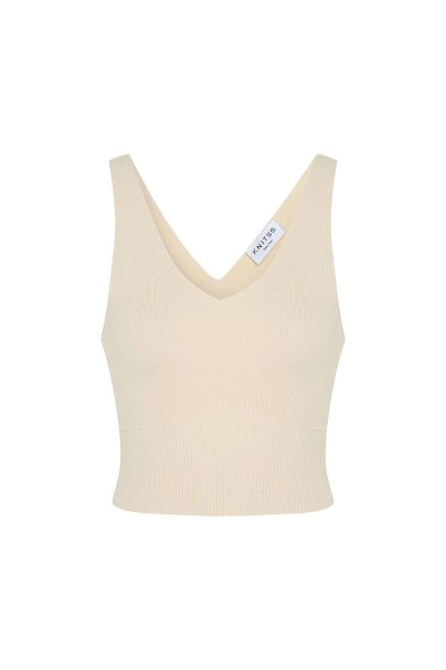 High Rib Waist Beige Crop Knit Top - 6