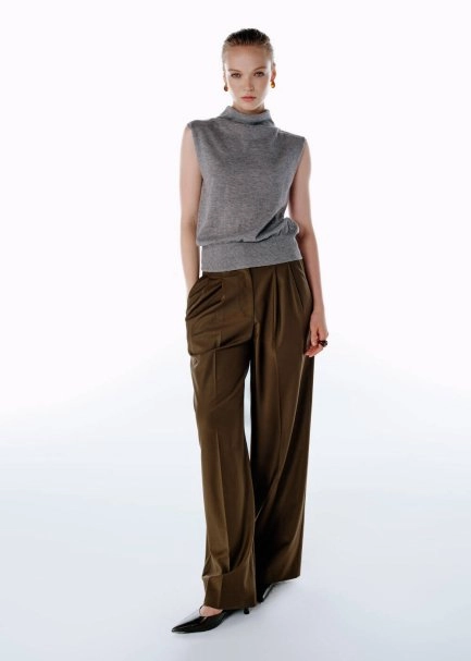 HIGH WAIST WOOL PANTS OLIVESTONE - 2