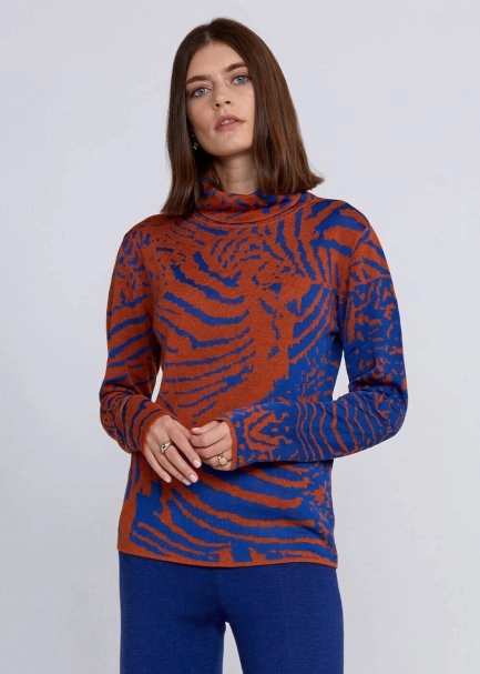 Intarsia Jacquard Detail Cooper Blue Knit Top - 1