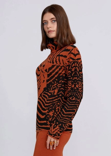 Intarsia Jacquard Detail Copper Black Knit Top - 4
