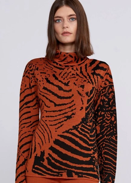 Intarsia Jacquard Detail Copper Black Knit Top - 7