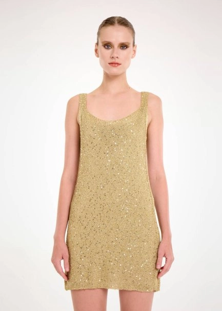 Işıltılı Gold Renk Payetli Triko Elbise - 1