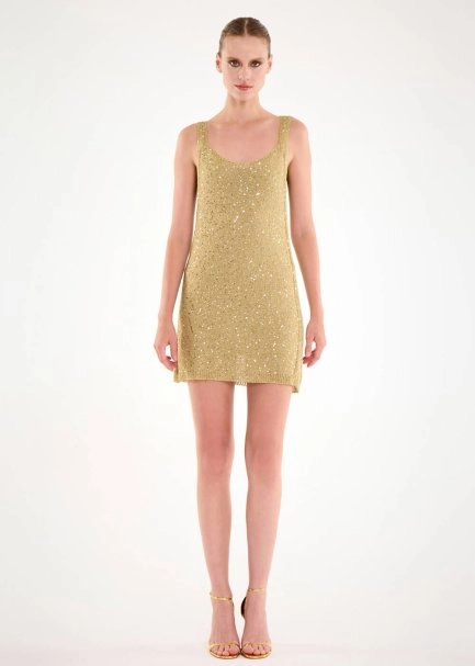 Işıltılı Gold Renk Payetli Triko Elbise - 2