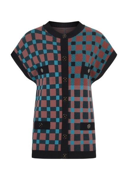 İtalyan İplik Ekose Desenli Düğmeli Triko Yelek - 8