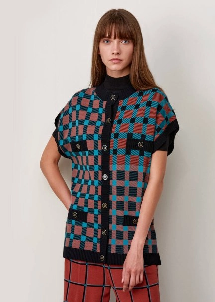 İtalyan İplik Ekose Desenli Düğmeli Triko Yelek - 1