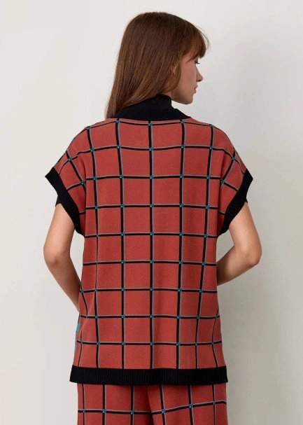 İtalyan İplik Ekose Desenli Düğmeli Triko Yelek - 3