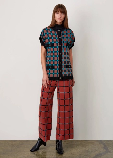 İtalyan İplik Ekose Desenli Düğmeli Triko Yelek - 5