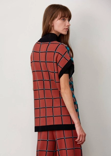 İtalyan İplik Ekose Desenli Düğmeli Triko Yelek - 7