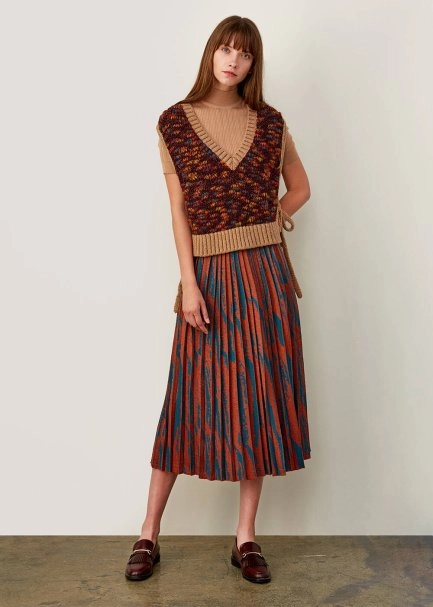 İtalyan İplik Desenli Pliseli Tarçın Rengi Triko Etek - 2