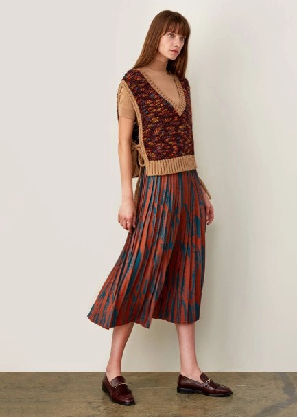 İtalyan İplik Desenli Pliseli Tarçın Rengi Triko Etek - 5