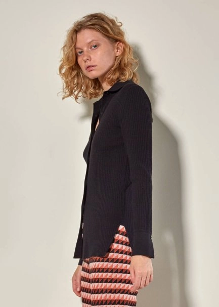 İtalyan Yaka Siyah Triko Gömlek - 4