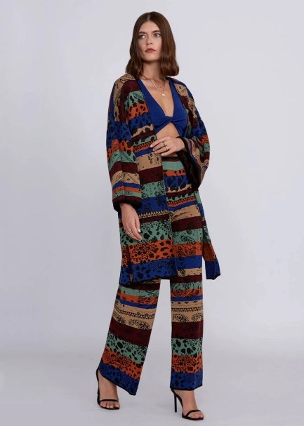 Jacquard Pattern Merino Wool Knit Kimono - 2