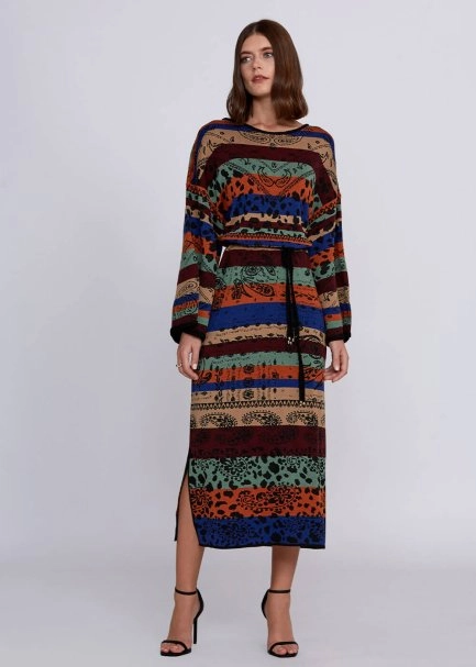 Jacquard Pattern Merino Wool Long Knit Dress - 1