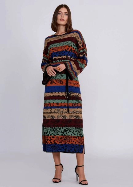 Jacquard Pattern Merino Wool Long Knit Dress - 2