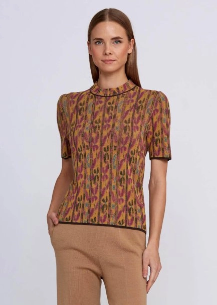 Jacquard Pattern Multicolor Short Sleeve Knit Top - 1