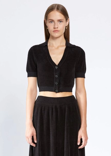 JEWEL BUTTON DETAILED BLACK CROP KNIT TOP - 1