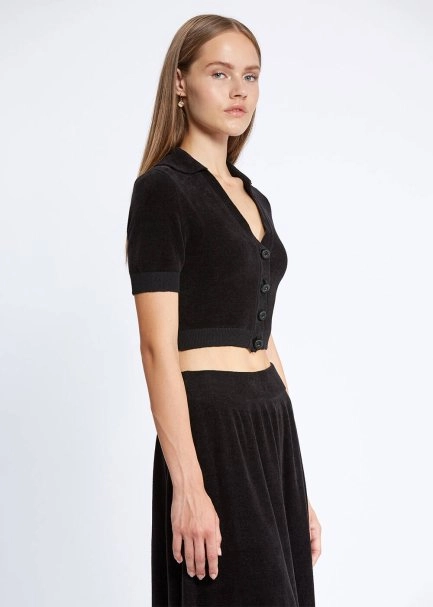 JEWEL BUTTON DETAILED BLACK CROP KNIT TOP - 3