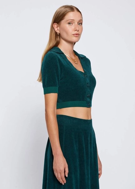 JEWEL BUTTON DETAILED MALACHITE CROP KNIT TOP - 3