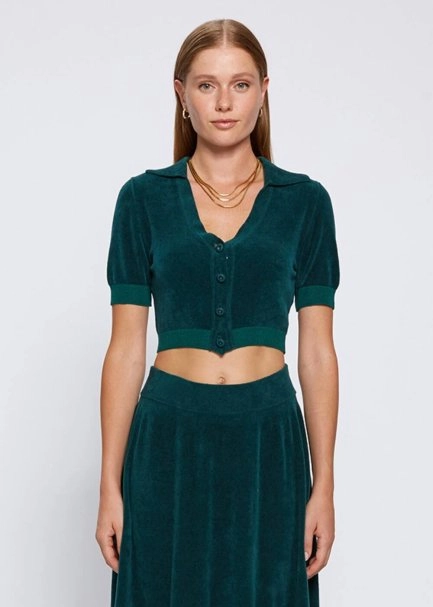 JEWEL BUTTON DETAILED MALACHITE CROP KNIT TOP - 1