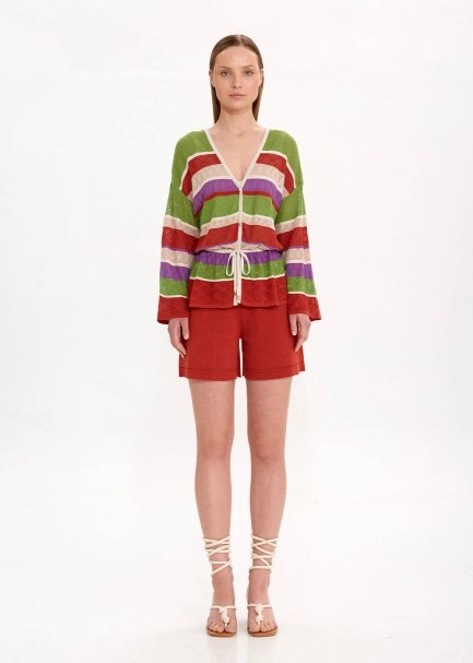 JEWEL BUTTONS COLOR BLOCK KNIT CARDIGAN - 2