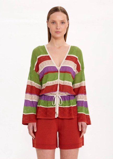 JEWEL BUTTONS COLOR BLOCK KNIT CARDIGAN - 1